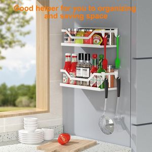 Magnetisch kruidenrek voor koelkast, magnetische koelkastplank met 4 haken, wit magnetronrek, beweegbaar kruidenrek, duurzame magnetische plank voor keuken, 11,9 inch, 2 stuks