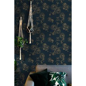 Zelfklevend behang, blauwe textuur met gouden bloemenpatroon, plakfolie, meubels, donkerblauw, 44 x 300 cm, waterdichte meubelfolie, zelfklevende folie voor meubels, woonkamer, slaapkamer