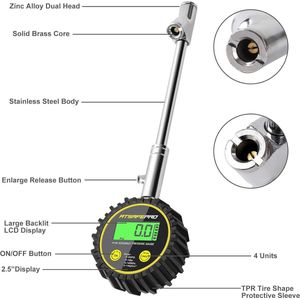 Digitale bandenspanningsmeter voor zwaar gebruik, vrachtwagenbandenspanningsmeter 200 PSI met dubbel hoofd Chuck, digitale drukmeter nauwkeurig voor auto, semi-vrachtwagen, SUV