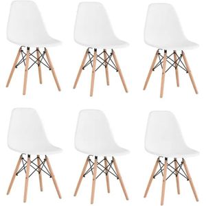 directly set van 6 eetkamerstoelen - wit - nordic stijl - houten voeten - plastic