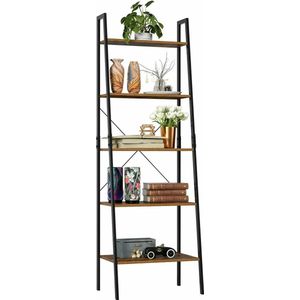 Mima® Boekenkast- Industrieel- Vintage- Opbergkast- Boekenplanken 5 Stuks- Ladderkast- Retro boekenkast--Wandkast-Zwart Metaal- Houtlook