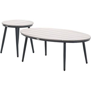 Garden Impressions Lucas bijzettafels donker grijs - teak look - Ø50x48 cm & 120x75x45 cm
