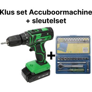 Klusset - Accuboormachine + Ratel set - Benson Doppendoos met Ratel Set - 17 delig + Hofftech Accu Boormachine 2-speed - Inclusief 20V Li-ion Accu - 1.3 ah