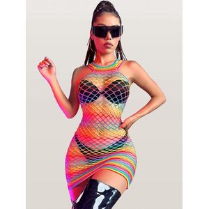 LekkerStout Visnetjurk - Club-Festivalwear - Regenboog - Sexy Lingerie | S-L | ( LS033 )