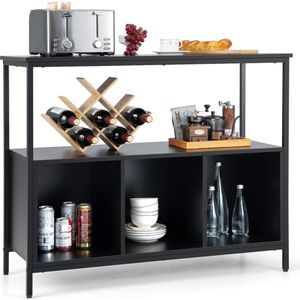 Keukenkast sideboard, met metalen frame en open plank & 3 vakken, commode keuken hout, 110 x 42,5 x 88 cm (zwart)
