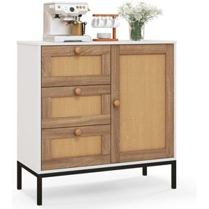 Dressoir rotan, commode met 1 deur en 3 laden, keukenkast 80 x 35 x 80,5 cm, woonkamerkast, buffetkast, keukeneiland voor keuken, woonkamer, eetkamer (1)