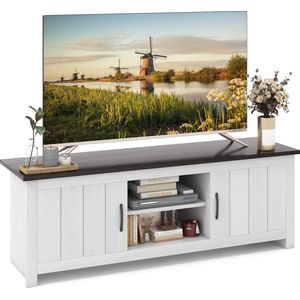 Tv-kast van hout, tv-standaard voor televisies tot 65 inch, tv-tafel met kasten en open planken, lowboard, tv-kast voor woonkamer, slaapkamer, 145 x 40 x 50 cm (wit + bruin)