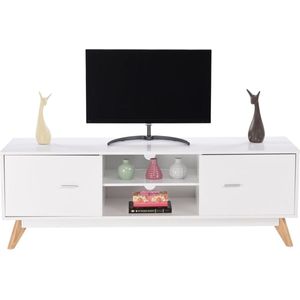 TV-kast, lowboard voor televisies tot 60 inch, televisiekast 140 cm lang met 2 niveaus en 2 kasten, televisietafel, tv-standaard van hout, voor woonkamer, slaapkamer, 140 x 40 x 48 cm