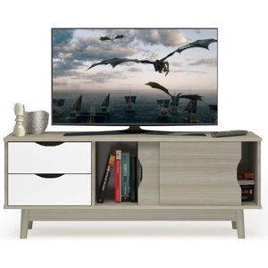 Modern tv-rek, tv-kast voor tv's tot 60 inch, tv-lowboard met 2 laden & 2 schuifdeuren & kabelgeleidingsgat, tv-kast voor woonkamer slaapkamer (eiken)