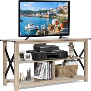 TV-standaard 120 cm, 3-verdiepingen televisiekast met open planken en metalen X-frame, industriële consoletafel, televisietafel voor woonkamer en hal