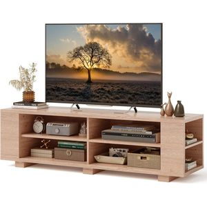 TV-kast, lowboard voor televisies tot 65 inch, televisietafel met 4 open vakken, 4 zijvakken en verstelbare planken, televisiekast, tv-rek, 150 x 39 x 45 cm (eiken)