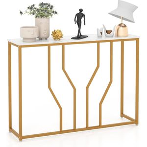 Consoletafel, entreetafel, smal, marmerlook, banktafel met geometrisch metalen frame, bijzettafel goud + wit, 110 x 30 x 80 cm, voor woonkamer, hal, entree