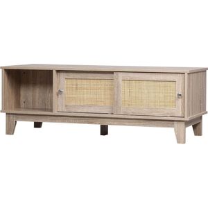 salontafel, bijzettafel in wienergeweave-look, salontafel met 2 schuifdeuren en open opbergruimte, woonkamertafel, ratten, spaanplaat, eikenhout, 120 x 50 x 42,5 cm