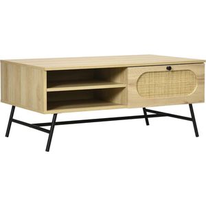 salontafel, bijzettafel met lade, 2 vakken, salontafel in boho-design, salontafel met metalen poten, voor woonkamer, kantoor, naturel, 100 x 59,5 x 44,3 cm