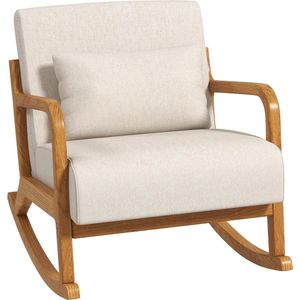 Schommelstoel, schommelstoel, gestoffeerde schommelstoel met houten frame, relaxstoel met armleuning, voor slaapkamer, woonkamer, crème