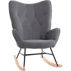 schommelstoel met stalen frame gestoffeerde relaxstoel fauteuil stoel woonkamer fauteuil lounge met gestoffeerde zitting fluweelzacht polyester rubberhout donkergrijs + naturel 84 x 70 x 96 cm