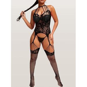 LekkerStout® Sexy Lingerie Set | Visnet Panty & Jarretels | Erotische Stoute Verrassing | Zwart | M+/XL