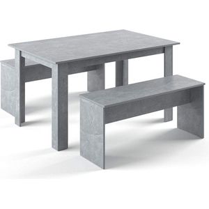 D&B Tafel - Eettafel - Set Met 2 Bankjes - Compleet - Eettafel Set - Tafel 90 x 140 cm - Kleur Beton