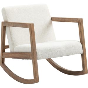 schommelstoel met houten frame, gestoffeerd, relaxstoel, fauteuil, woonkamerstoel, salon met gestoffeerde zitting, rubberhout, crème wit, 60 x 81 x 71 cm