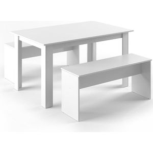 D&B Tafel - Eettafel - Set Met 2 Bankjes - Compleet - Eettafel Set - Tafel 90 x 140 cm - Kleur Wit