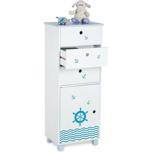 ladekast kinderkamer, zeevaart-design, 3 lades, vak met deur, dressoir kind, HxBxD 105 x 42 x 30 cm, wit/blauw