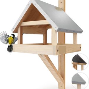 XL Vogelhuis voor aan de muur met weerbestendig metalen dak van massief hout, vogelvoederhuis om op te hangen