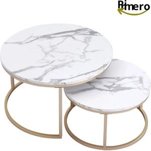 Primero - Bijzettafel - salontafel - luxe salontafel rond - Set van 2 - Moderne look - Marmer - Goud - 60 en 40 cm