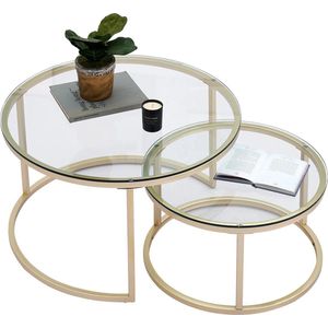 Primero - Bijzettafel - salontafel - luxe salontafel rond - Set van 2 - Moderne look - Glas - Goud - 60 en 40 cm