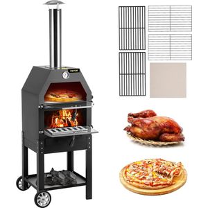 Pizza Oven - Pizza Oven Buiten - Met Wielen - Pizza Steen - Buiten Oven - Hout Oven - BBQ - 2 Lagen - Zwart