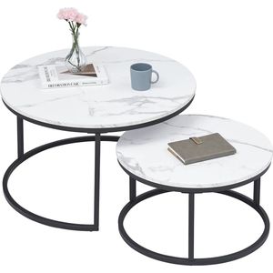 Primero - Bijzettafel - salontafel - luxe salontafel rond - Set van 2 - Moderne look - Marmer - Zwart - 80 en 60 cm