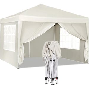 B.O.S. Waterdichte Partytent 3x3 meter opvouwbaar - Paviljoen met zijpanelen - Easy up - Beige - Pop-up Tent met haringen, touw en anti slip poten