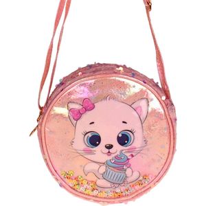 Schoudertasje Rond - Wit Poesje & Cupcake - Lichtroze - Glitters & Pluche & Pailletten - 17cm