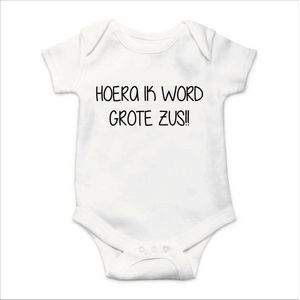Soft Touch Rompertje met Tekst - Hoera ik word Grote Zus - Zwangerschaps aankondiging - wit/zwart | Baby rompertje met leuke tekst | | kraamcadeau | 0 tot 3 maanden | GRATIS verzending