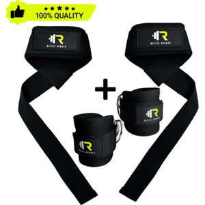 ReyFit Sports - 2x Lifting Straps + 2x Ankle Straps Bundel - Deadlift Straps + Enkelband Fitness - Fitness Accessoires - Inclusief Draagtas - Zwart