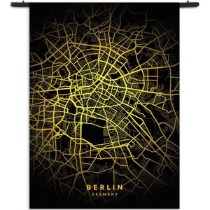 Velours Wandkleed Berlin Plattegrond Zwart Geel Rechthoek Verticaal L (165 X 120 CM) - Wandkleden - Met roedes