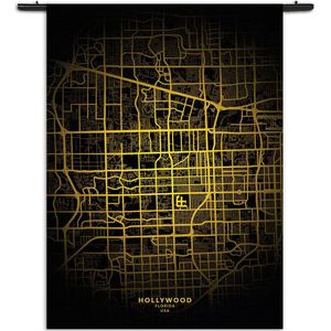 Velours Wandkleed Hollywood Plattegrond Zwart Geel Rechthoek Verticaal L (165 X 120 CM) - Wandkleden - Met roedes