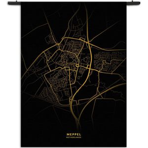 Velours Wandkleed Meppel Plattegrond Zwart Geel Rechthoek Verticaal L (165 X 120 CM) - Wandkleden - Met roedes