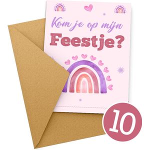 10x Uitnodiging kinderfeestje + Enveloppen | Uitnodiging verjaardag | Jongen of meisje | Uitnodigingskaarten + kraft envelop | Verjaardag Feest | Roze Regenboog