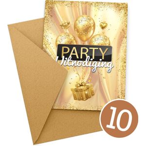 Uitnodiging Kinderfeestje + Enveloppen 10 stuks - Thema Goud - Beschrijfbaar - Uitnodiging verjaardag - Jongen of meisje - Uitnodigingskaarten - kraft envelop - Verjaardag Feest