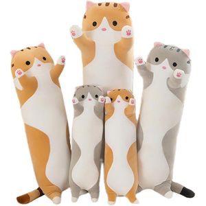 Lang pluche kussen voor katten, schattig kattenkussen, met pluche gevuld werpkussen, slaappoppenkussen voor kinderen, vriendinnen en volwassenen (50, geel