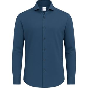 Vercate - Strijkvrij Overhemd - Blauw - Japanese Knitted - Piqu�é Katoen - Slim Fit - Lange Mouw