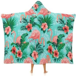 Exotische Flamingo's Tropische Palm Draagbare Deken Hooded Dekens Zacht Warm Voor Volwassenen VThrow Mantel Wrap Winter Voor Thuiskantoor