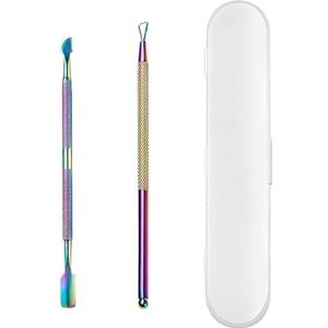 2 Stks Iriserende Rvs Dubbeleindige Cuticula Tool Set Met Doos Cuticle Pusher Dode Huid Verwijdering Tool Nail Gel Removal Tool Manicure Pedicure met Doos