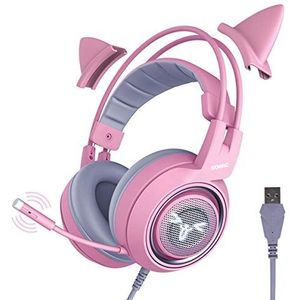 SOMiC Pink Cat Gaming Headset met Virtual 7.1 en LED-licht, surround sound, headset met ruisonderdrukkende microfoon voor computer, PS4, laptop voor meisjes, vrouw (USB-stekker)