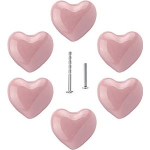 UULU 6 stuks hartvorm knoppen keramische knop trek schattige zoete handgrepen voor kinderen kinderen lade kast deur kast slaapkamer huis doe-het-zelf mooi hart met 2 soorten schroeven (roze)
