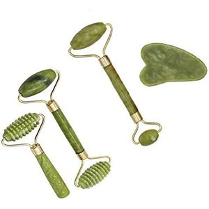 Frolahouse 4 in 1 Jade Roller Eyes gezichtsmassage Kit Skin Roller, inclusief 2 Pc Dubbele Hoofd Jade Roller, 1 Pc Enkele Hoofd Jade Roller, 1 Pc Gua Sha Tool voor Gezicht Oogbal Neck Massage