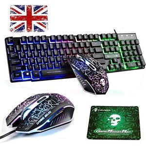 UK Layout Bedraad Toetsenbord en Muisets T6 Regenboog Backlit USB Ergonomisch Multimedia Gaming Toetsenbord + 2400DPI 6 Knoppen Regenboog LED Muis + GRATIS Gaming Muismatten