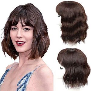 Natuur Haarlijn Huid Base Haarstukje Clip in Kraai Wiglet Losse Golvende Topper met Pony voor Vrouwen 35 cm Donkerbruin