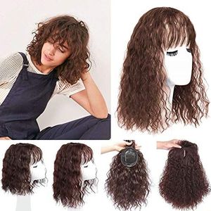 Pluizige Rommelige Haar Topper voor Vrouwen Clip in Krullend Golvend Natuurlijke Snythetic Wiglet met Golvende Pony 35cm Donkerbruin