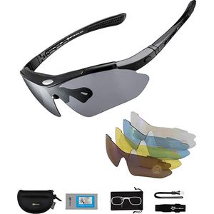 Rockbros Fietsbril - Gepolariseerde Sportbril Set - 5 Verwisselbare Lenzen - UV-Schutzbeschichtung - Zwart